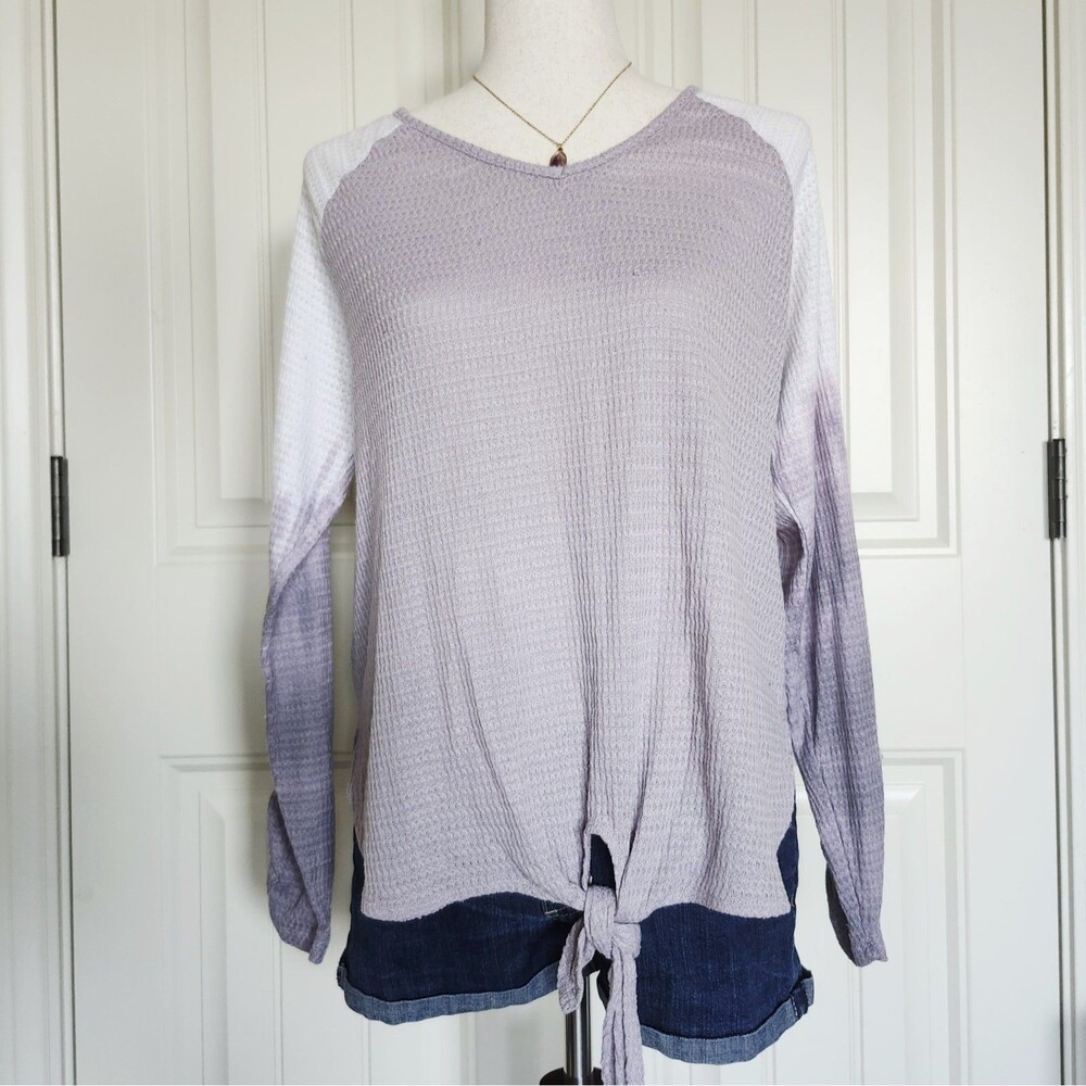 Est 1946. Purple White Colorblock Waffle Knit V-Neck Tie Blouse Size L